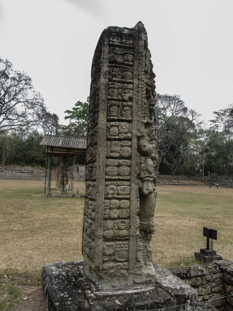 Copan Ruinas: la Plaza Principal et ses stèles double, voire quatre faces. Ici, texte maya sur trois faces.
